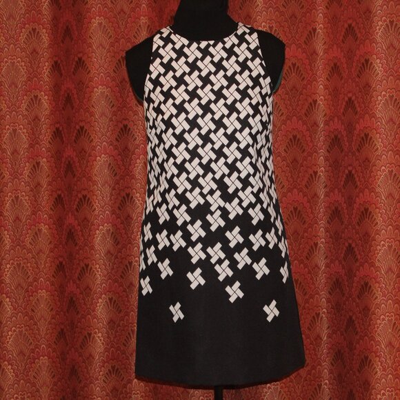 TAHARI ASL Geometric Print White on Black DRESS Gold Zipper Accent Size 2 - Picture 1 of 6